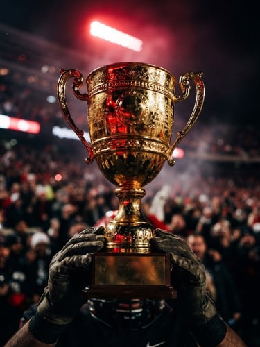 Dramatic close-up of a physical gold trophy reflecting crimson stadium lights, dark background, high-contrast action photography, 35mm