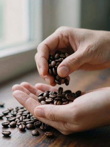 Close-up portrait of hands gently sifting through coffee beans on a dark wooden surface, soft side-lit window daylight, rich espresso and cream tones, shallow depth of field, 35mm film