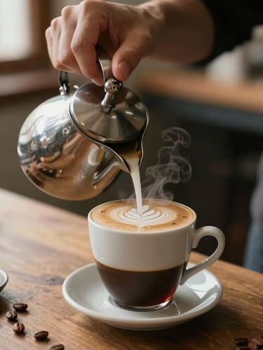 Close-up of a precise pour-over coffee being brewed, steam gently rising from the cup, against a soft-focus background of dark polished wood and diffused side-lit daylight, rich espresso and cream tones, shallow depth of field, 35mm film.