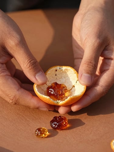 Close-up of hands gently holding raw citrus peels and amber resins on a minimalist clay surface, warm lateral sunset light, tactile textures.