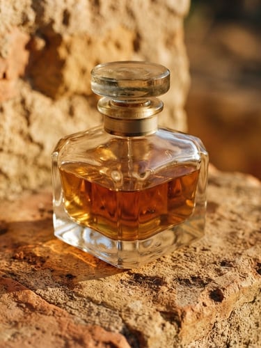 Macro shot of a heavy glass perfume bottle on textured stone, warm golden-hour sunlight casting long dramatic shadows, amber and terracotta tones, 35mm photography.