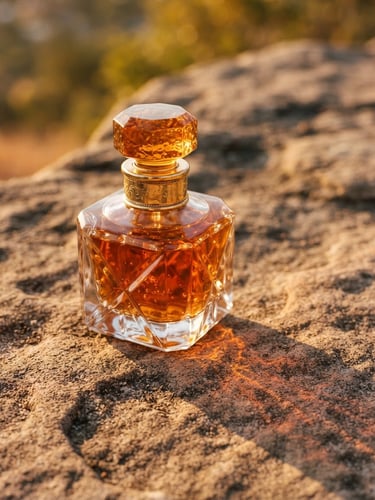 Macro photograph of a heavy glass perfume bottle on textured stone, warm golden-hour sunlight casting long dramatic shadows, amber liquid glowing