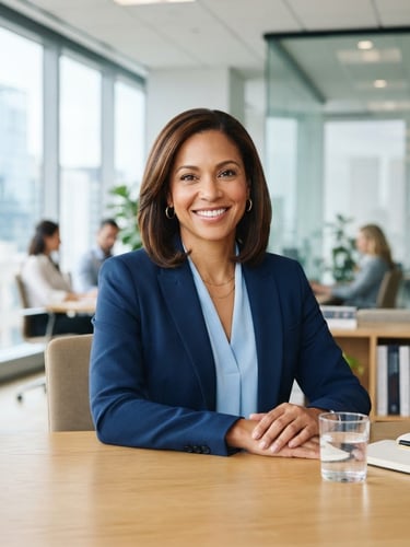 Professional portrait of Brandy Howard in a modern, well-lit office, smiling confidently, natural daylight, crisp navy and sky blue tones, 35mm lens