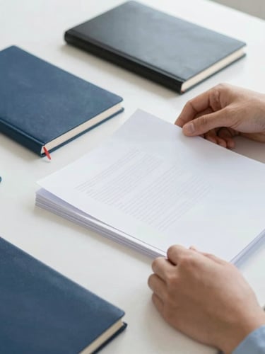 Medium-close shot of hands organizing documents on a clean desk, structured notebooks, natural daylight, crisp navy and sky blue tones, 35mm lens