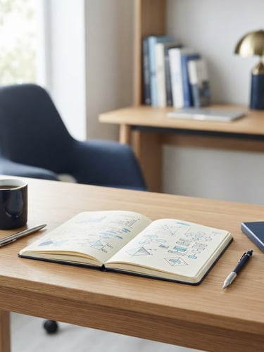 Professional, well-lit modern workspace with structured notebooks and clean diagrams, soft natural daylight, crisp navy and sky blue tones, clean composition, 35mm lens