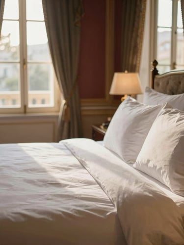 Close-up of a sun-drenched palatial suite with crisp premium linens, soft natural window light, warm editorial photography, 35mm
