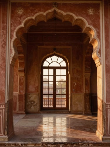 Warm editorial photography of a sun-drenched palatial suite in Jaipur, showcasing elegant heritage arches, soft golden-hour window light reflecting on polished stone floors, rich deep tones, 35mm.