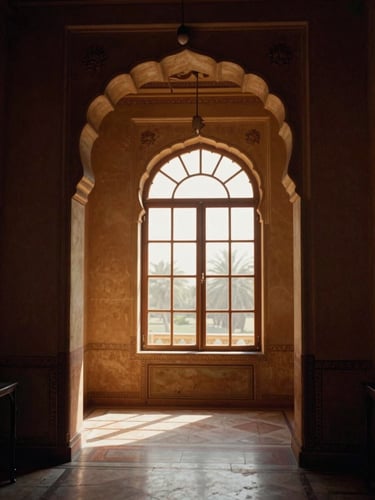 Warm editorial photography of a sun-drenched palatial suite, heritage arches, soft golden-hour window light, rich deep tones, 35mm