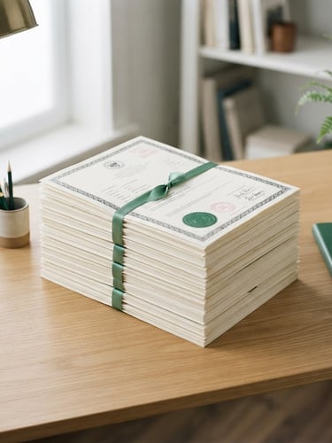 Bright editorial photography of organized academic transcripts with official stamps on a clean desk, neutral tones with subtle emerald accents, sharp focus, 35mm