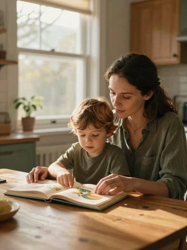 Wide shot of a mother and young child sitting close at a wooden kitchen table, late afternoon golden light from a side window, hands together over an open illustrated book, the child pointing at a page with curiosity, warm ochre and forest tones, no eye contact with camera, real domestic environment