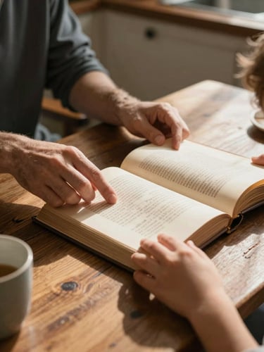 Close environmental shot of a parent's hands and a child's hands turning pages of a heritage book together on a worn wooden kitchen table, warm north-facing daylight raking across the surface, a ceramic cup visible at the edge of the frame