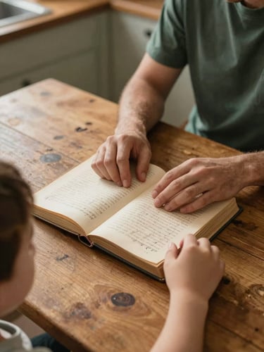 Close environmental shot from slightly above, a parent and child seated at a worn wooden kitchen table, hands over an open heritage book with handwritten script visible, warm north-facing daylight streaming from the left, muted ochre and forest tones, no faces fully visible — only hands and the top of heads, deeply focused