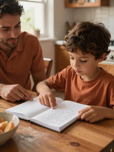 Close environmental shot, parent and child seated at a home kitchen table, the child pointing at a handwritten page in a Portuguese notebook, warm afternoon light from a window, hands and faces in frame together, ochre tones, real domestic setting