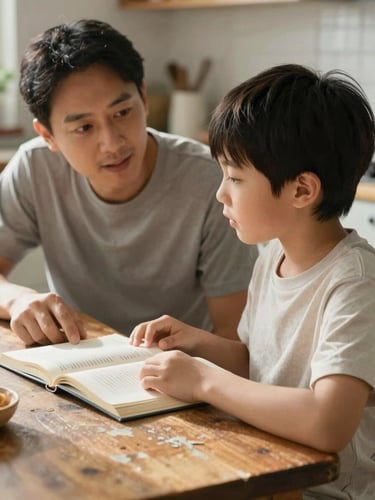 Close frame of a parent and child sitting at a worn kitchen table, warm north-facing daylight, hands resting near an open book, quiet conversation mid-moment, no eye contact with camera