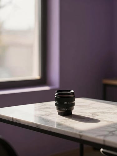 A premium minimalist creative studio workspace in Lahore, marble desk, warm natural daylight streaming through a window, subtle violet ambient glow, 35mm lens, editorial crop.