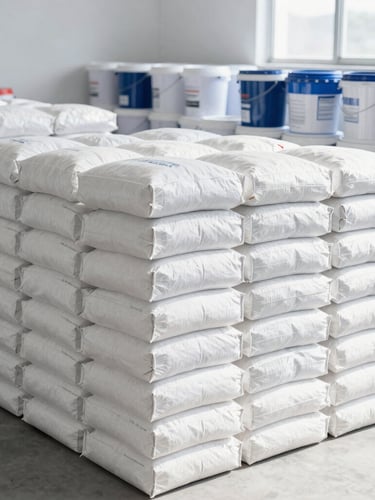 Bright commercial shot of stacked white wall putty sacks and paint buckets inside an orderly, clean warehouse with natural light.