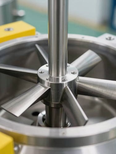 Close-up of a high-precision stainless steel industrial agitator impeller blade inside a clean chemical mixing tank, sharp depth of field, cool industrial lighting, brushed silver surfaces.