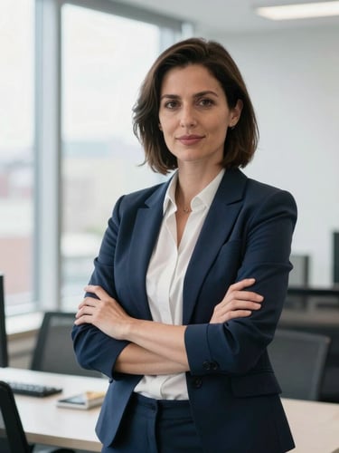 Professional portrait of a female immigration consultant in a bright Montreal office, natural daylight, cool corporate tones, looking confident, 35mm photography