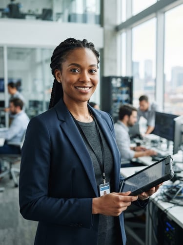 Professional editorial portrait of a confident skilled technical worker in clean modern workplace attire, bright natural daylight, cool corporate tones, sharp focus, 35mm