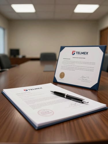 Medium shot of a professional negotiation table: a sealed transfer document with official stamps next to a TELMEX certificate, a ballpoint pen resting on the paper, institutional office environment, overhead balanced light, no people