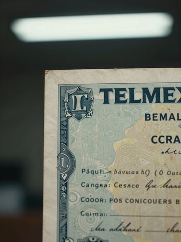 Extreme close-up of an aged TELMEX stock certificate placed to the right third of the frame, security print details and serial numbers visible, institutional fluorescent lighting from above, dark background on the left, certificate paper texture dominant, no people