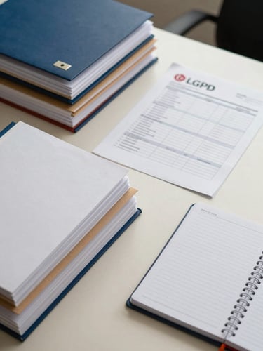 Overhead close-up of an organized Brazilian tax compliance workspace — neatly stacked legal folders, a printed LGPD checklist, and a ruled ledger on a cream desk surface under controlled studio strobe lighting, no people visible