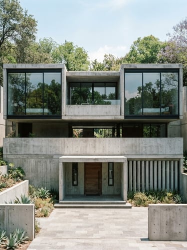 Straight-on architectural elevation of a modern brutalist concrete residence in Lomas de Chapultepec, clean lines, large glass panes reflecting green treetops, bright natural daylight, 35mm photography