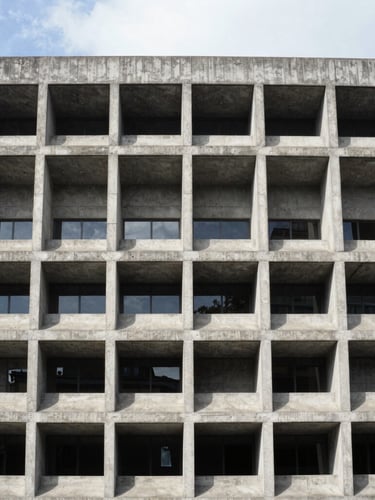 Straight-on architectural elevation of a concrete modernist building facade in Mexico City, sharp geometric shadows, natural overcast daylight, 35mm