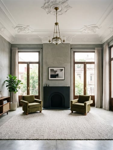 Symmetrical straight-on architectural shot of a high-ceiling living room in Roma Norte, restored plaster moldings, natural light flooding through tall French windows, cool gray concrete walls, 35mm