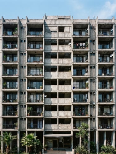 Straight-on architectural elevation of a concrete brutalist apartment building in Mexico City, raw concrete textures, sharp shadows, bright natural daylight, 35mm