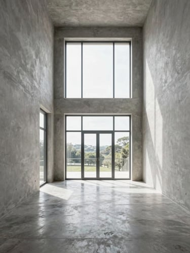 Symmetrical interior perspective of a high-ceiling living room in Roma Norte, raw plaster walls, polished concrete floor, natural light streaming through large steel-frame windows