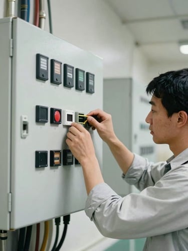 Historical photo of a technician installing a complex alarm control panel in a commercial building, physical conduit visible, bright utility lighting, honest documentary style, 35mm lens.