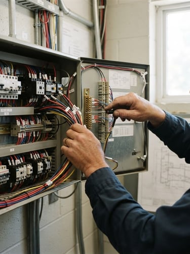 Technician's hands installing a control panel, wires visible, clean utility lighting, sharp focus, honest documentary photography.
