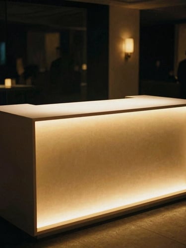 Sleek minimalist DJ booth with warm golden uplighting, no visible wires, elegant venue background, low light