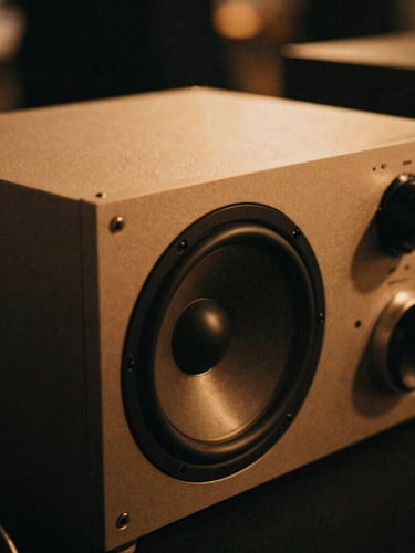 Moody detail shot of premium, high-end minimalist audio equipment, warm ambient lighting, deep shadows, luxurious texture, 35mm film grain