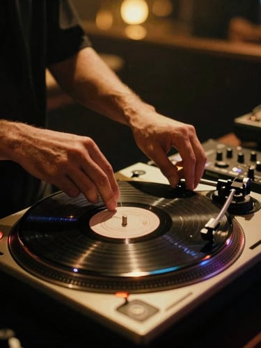 Close-up of professional DJ hands adjusting a sleek vinyl turntable in a low-light luxury lounge, warm golden ambient uplighting, moody shadows, 35mm film grain