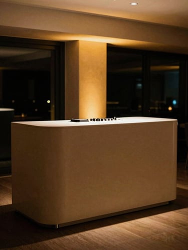 A sleek, completely wireless minimalist DJ booth in an elegant modern venue, warm ambient golden uplighting, clean lines