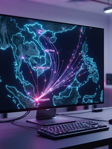 Localized network map of Vietnam connecting directly to Singapore servers, showing low latency lines, subtle purple and pink neon glows, crisp studio lighting.