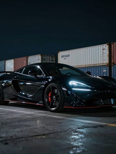 Cinematic low-angle wide shot of a sleek black modern sports car parked at a shipping port at night, dramatic low-key lighting, high-contrast neon reflections on polished paint, 35mm lens, moody urban atmosphere.