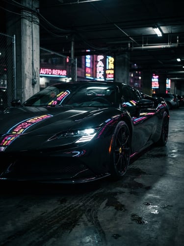Low-angle dramatic shot of a modern red sports car with sharp neon reflections on polished black paint, dark urban garage environment, cinematic lighting, 35mm lens