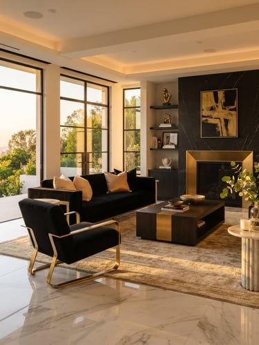Pristine, sunlit high-end living room with polished marble floors, warm golden-hour light streaming through large architectural windows, minimal elegant furniture