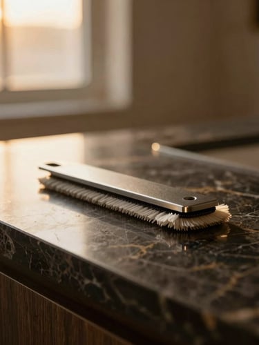 Macro detail shot of a polished marble countertop with clean, structured cleaning tools, soft warm golden-hour side lighting, shallow depth of field