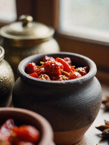 Macro close-up of dark textured clay jars filled with rich red pickles, warm afternoon window light casting deep soft shadows on raw spices, 35mm film.