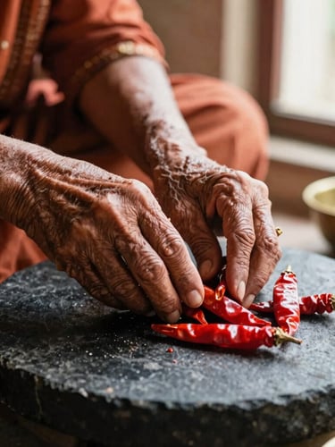 Close-up portrait of elderly Indian grandmother's weathered hands stone-grinding red chillies on a traditional black stone slab, warm directional light, rich terracotta tones, shallow depth of field