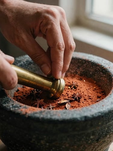 Macro close-up of hands stone-grinding whole spices on a traditional black stone mortar, warm directional afternoon window light, rich terracotta dust, 35mm film