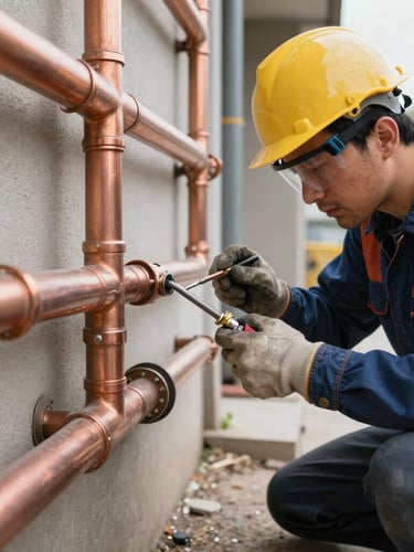 Wide-angle action shot of a licensed plumber soldering clean copper pipes under crisp daylight, safety gear visible, industrial-editorial style.