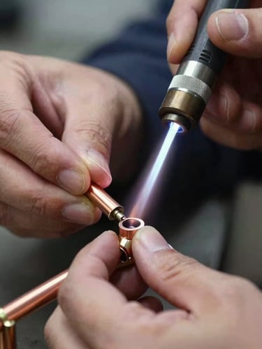 Close-up of a professional technician's hands carefully soldering a clean copper pipe joint with a bright, focused torch flame, sharp details, industrial precision.