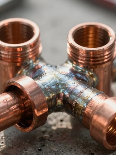 Macro close-up of clean copper pipe joints newly soldered, bright natural daylight illuminating the metallic sheen, clean work site.