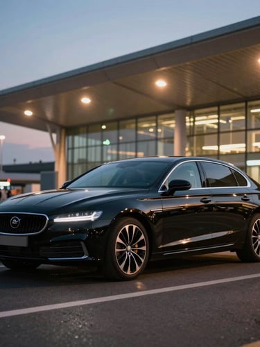 Wide environmental shot of a polished black executive sedan parked near a modern airport terminal in Rome at twilight, warm streetlights reflecting on the metallic body, sharp focus, cinematic atmosphere.