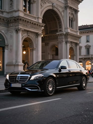 Premium black Mercedes S-Class sedan parked in front of an elegant historic Milanese palace, warm twilight lighting, sharp focus, 50mm